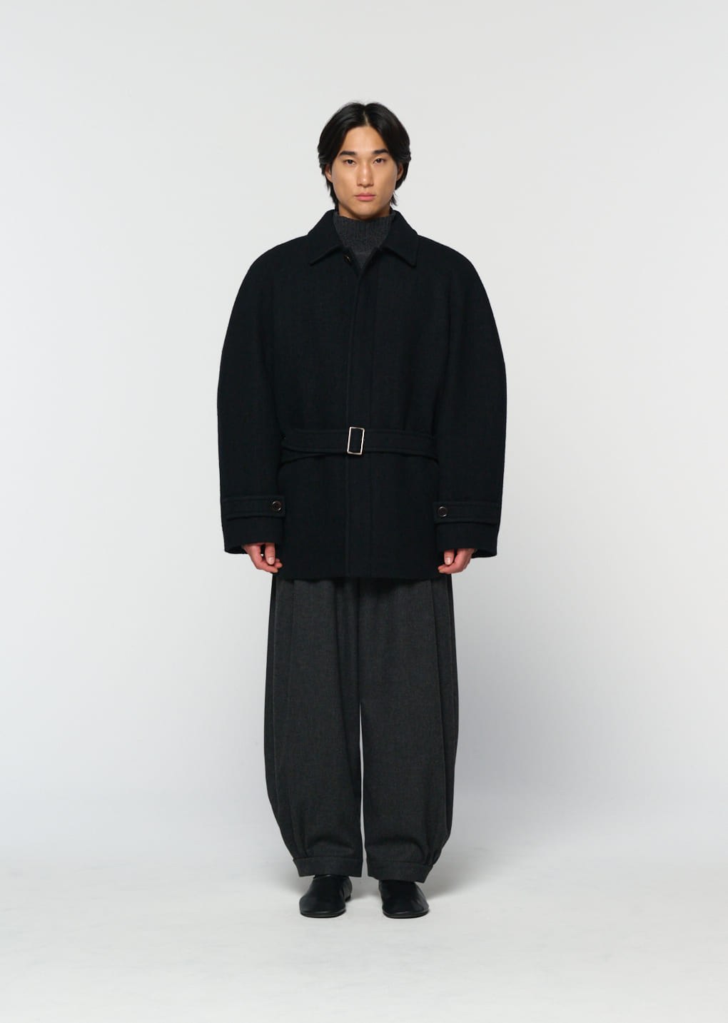 belted mid coat, black