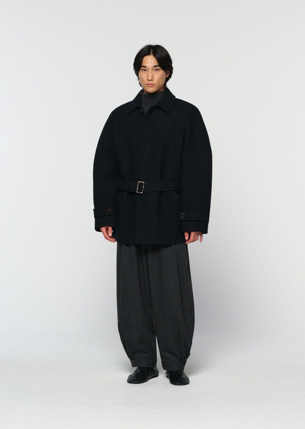 belted mid coat, black