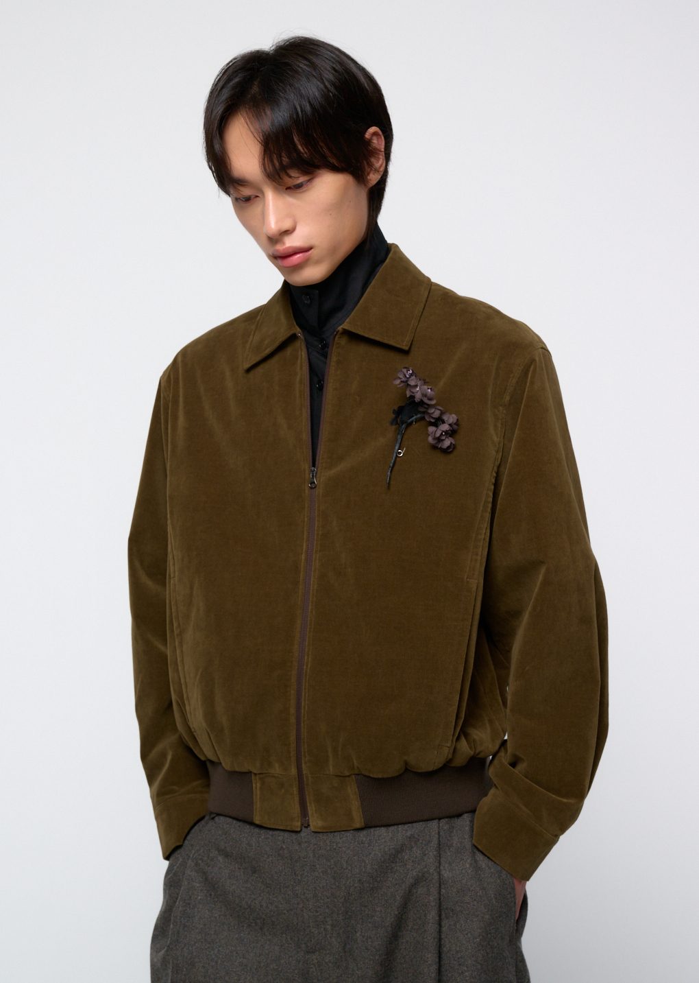 velvet zip up jumper, khaki