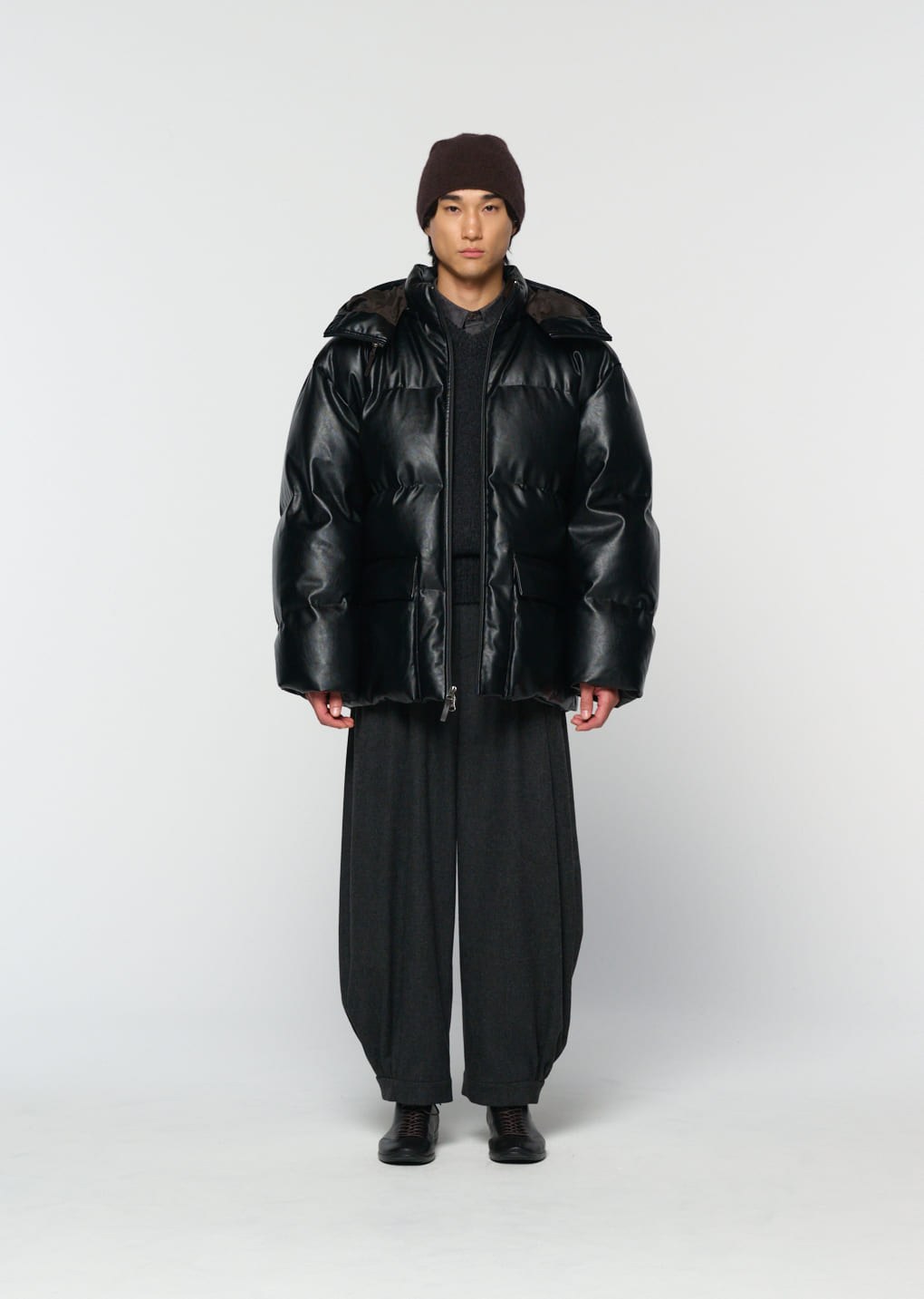 synthetic leather mid puffer, black