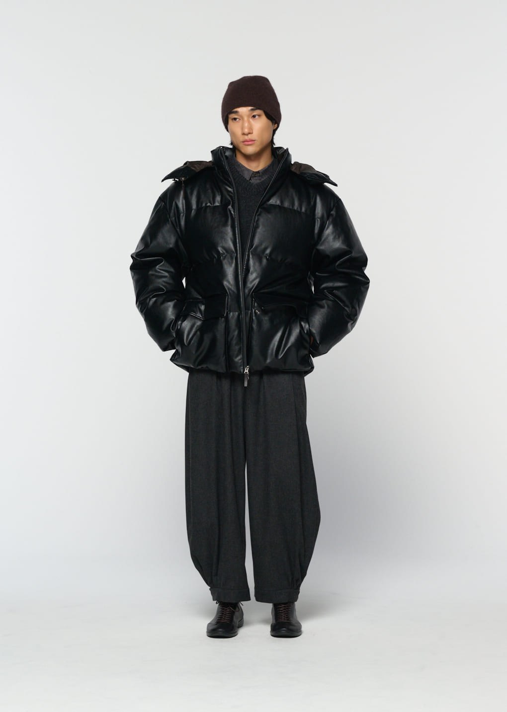 synthetic leather mid puffer, black