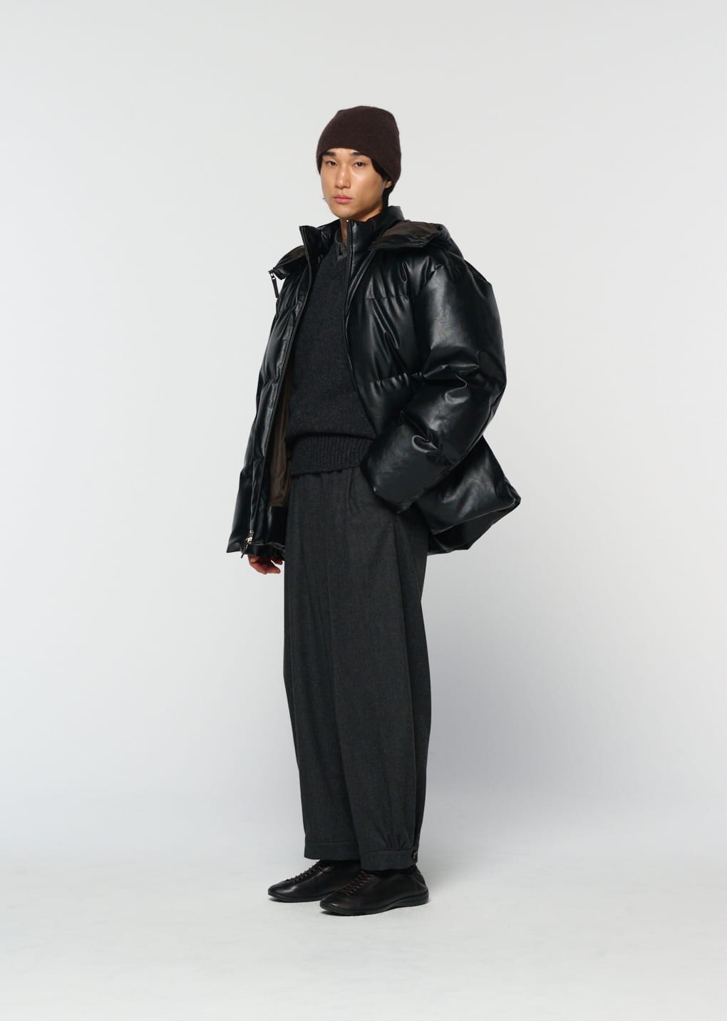 synthetic leather mid puffer, black