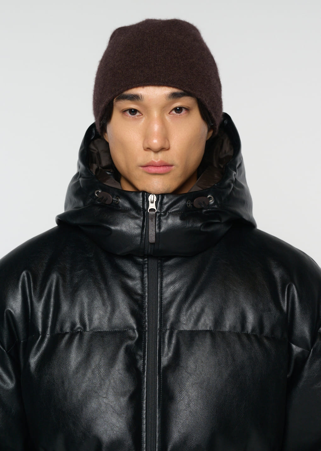 synthetic leather mid puffer, black