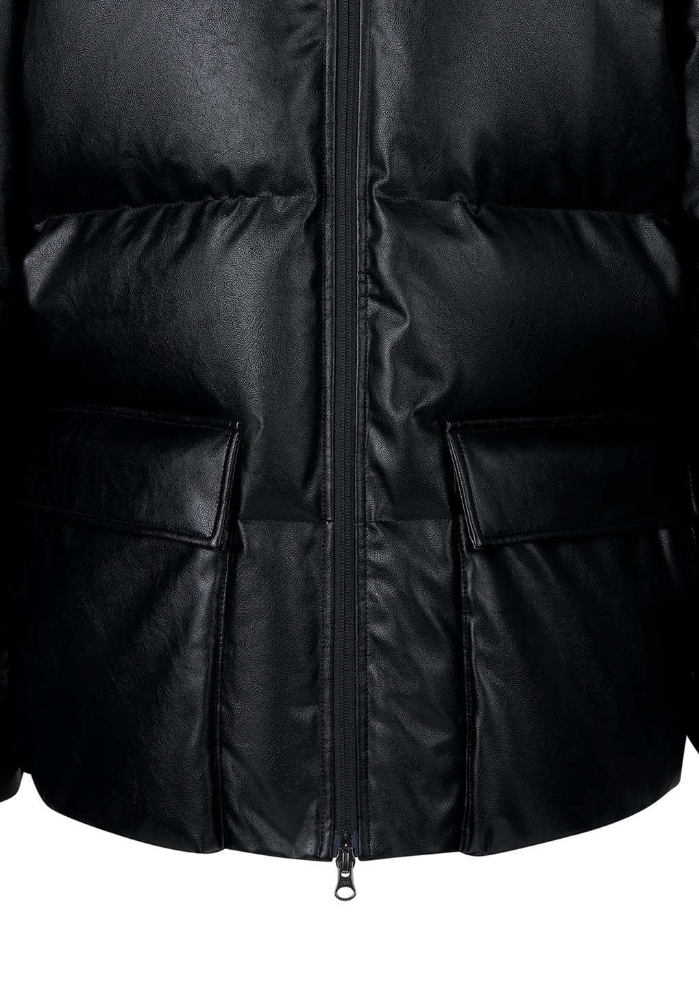 synthetic leather mid puffer, black