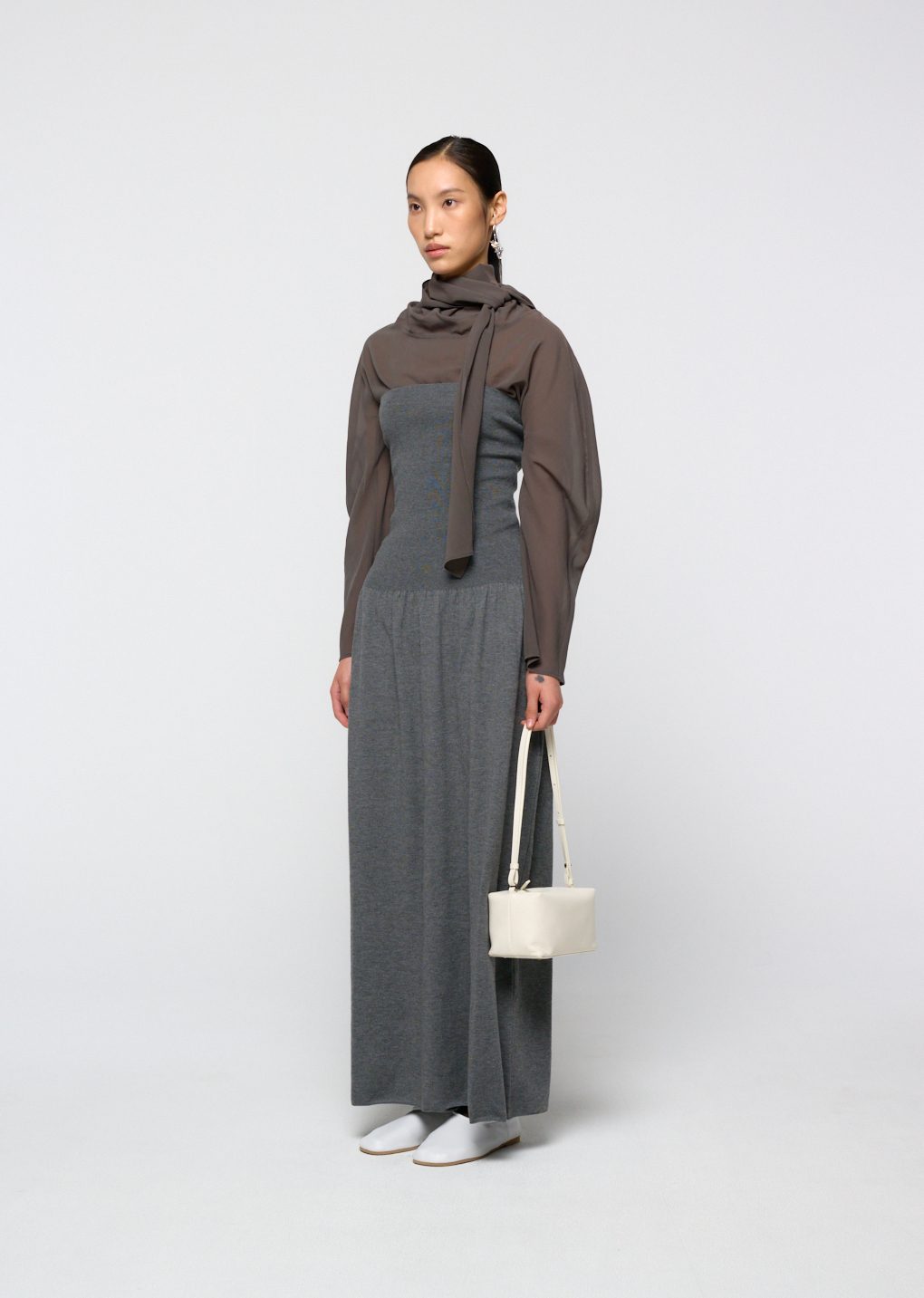 ribbed shirring knit maxi dress, grey