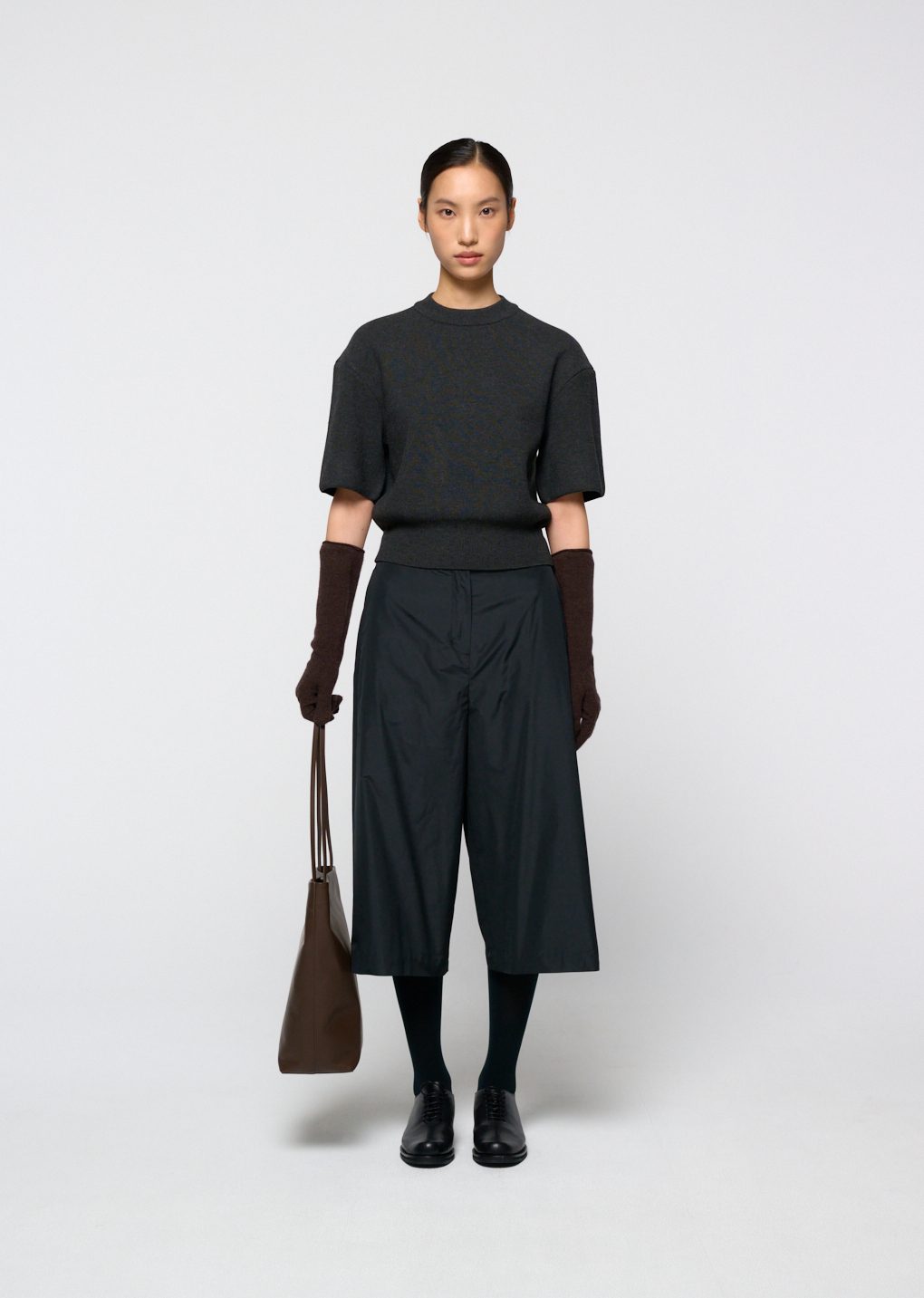 rounded half knit top, charcoal