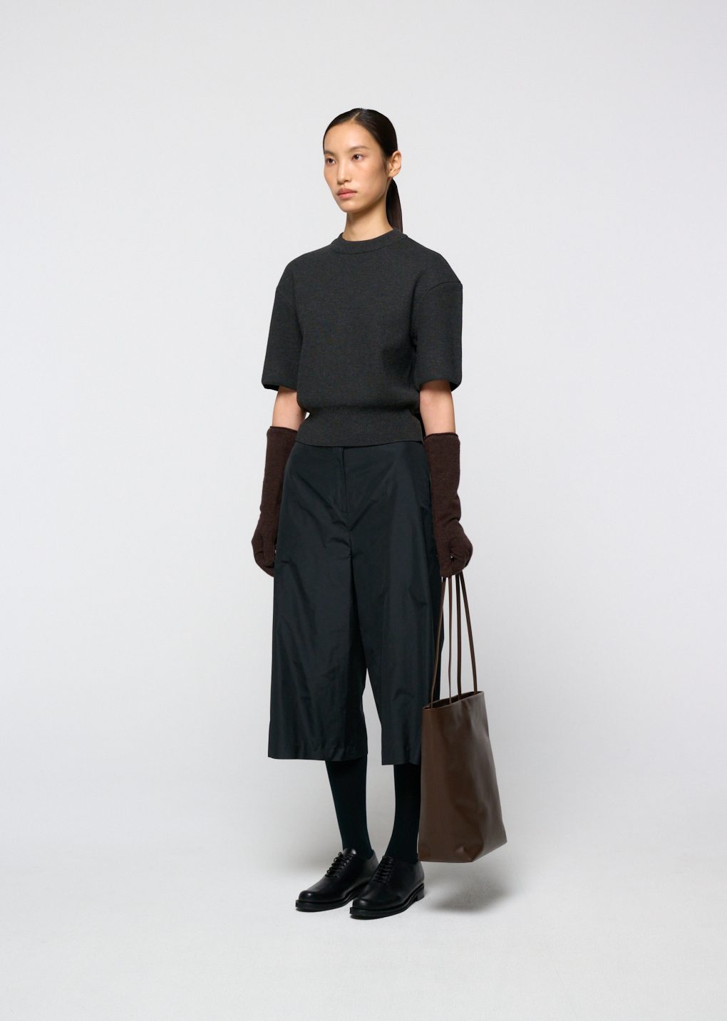 rounded half knit top, charcoal