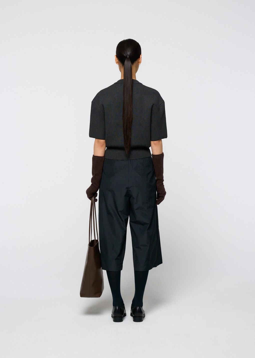 rounded half knit top, charcoal