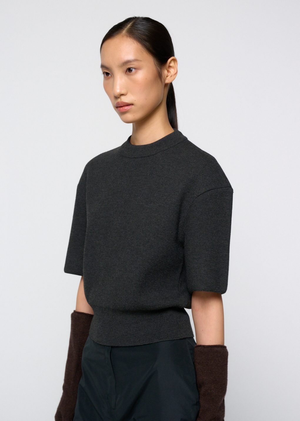 rounded half knit top, charcoal