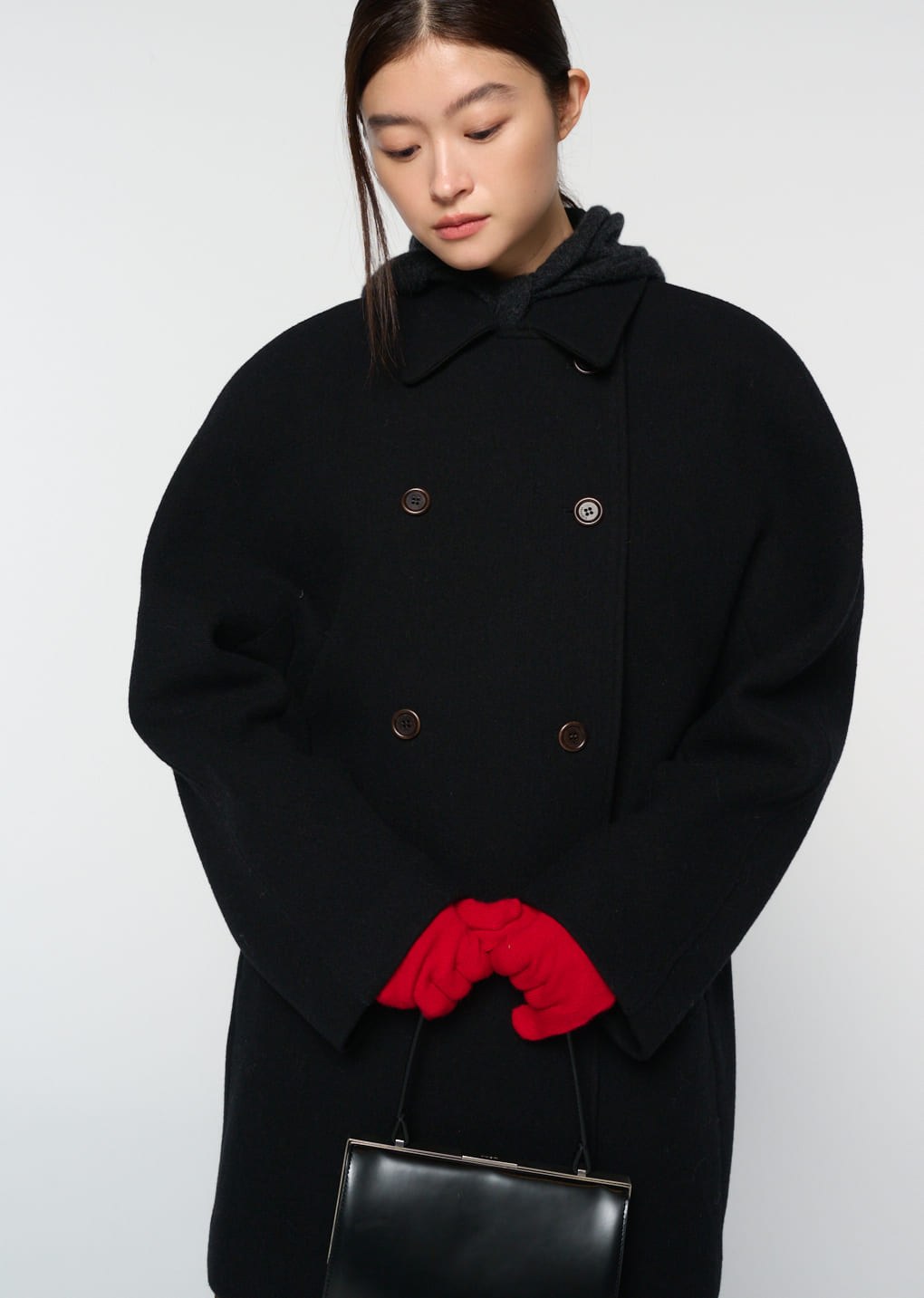 rounded half coat, black