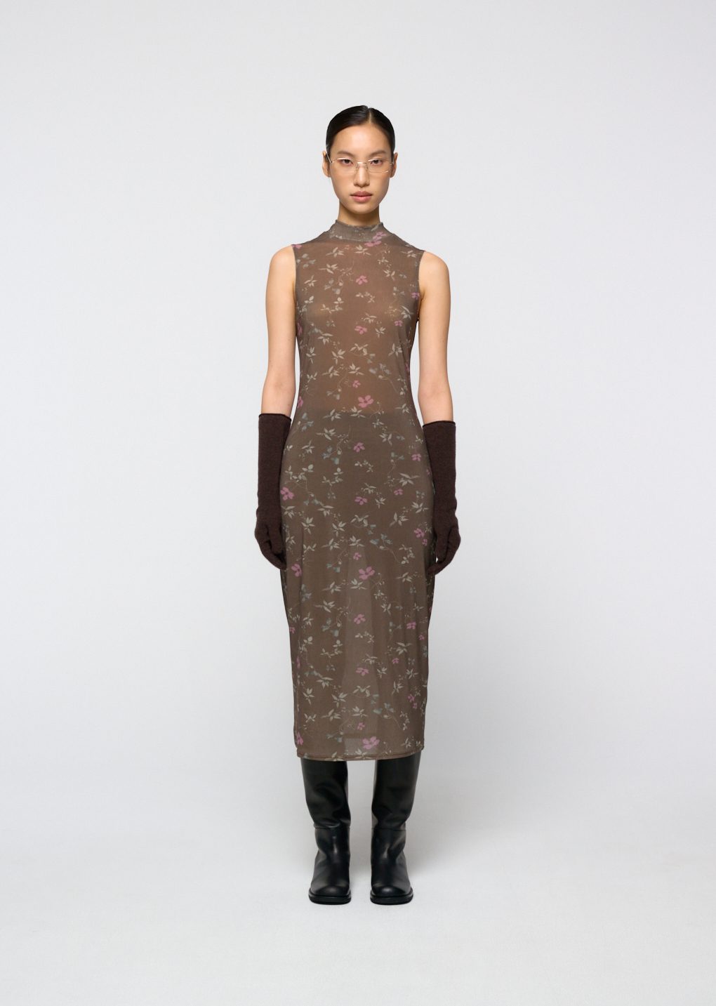 floral sleeveless dress, brown