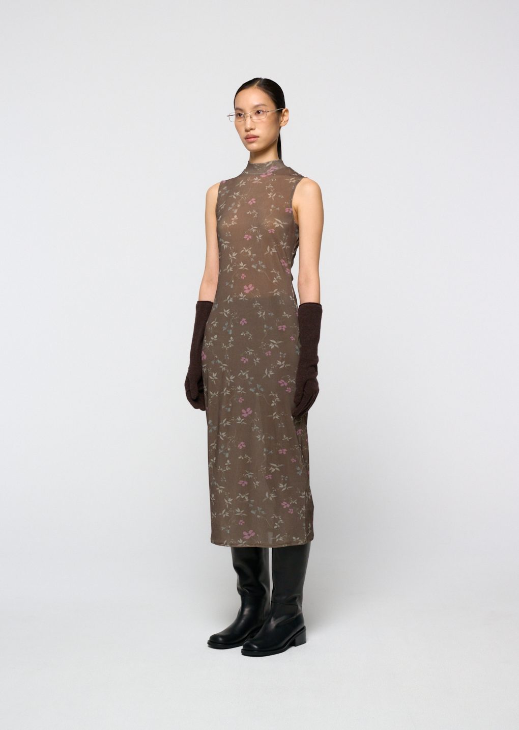 floral sleeveless dress, brown