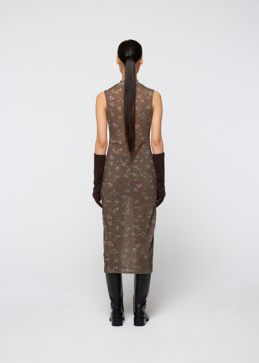 floral sleeveless dress, brown