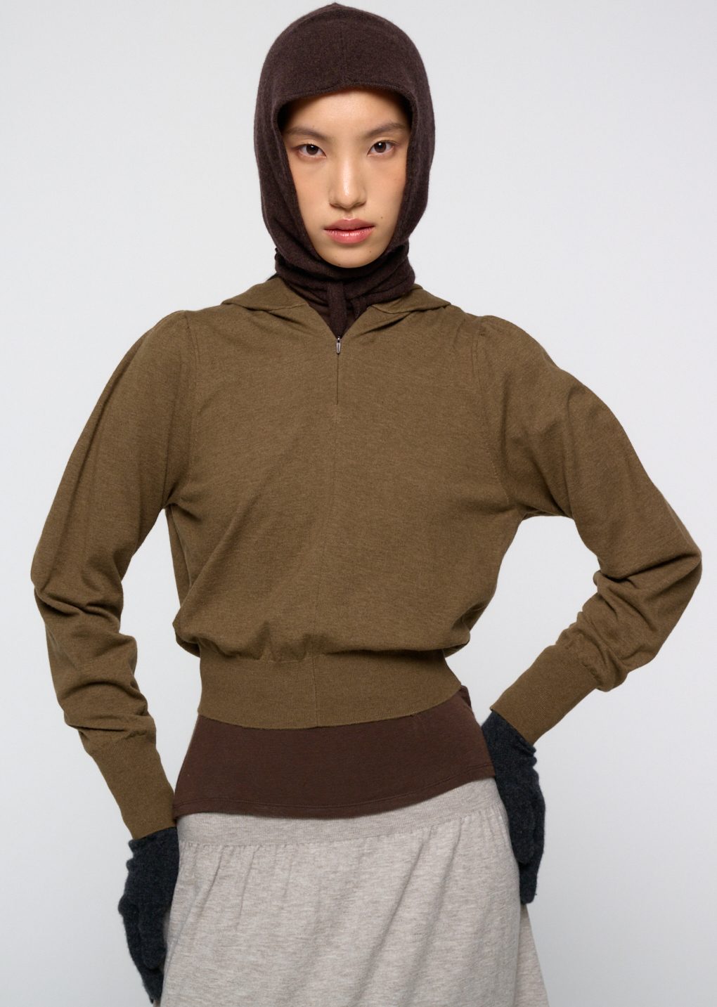 shirring half zip up knit hoodie, khaki