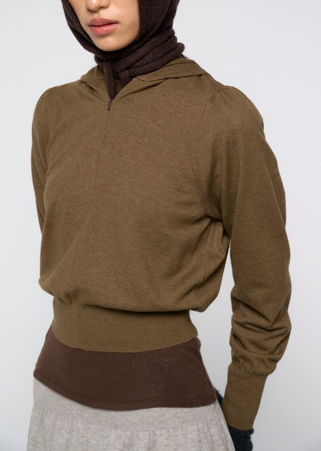 shirring half zip up knit hoodie, khaki