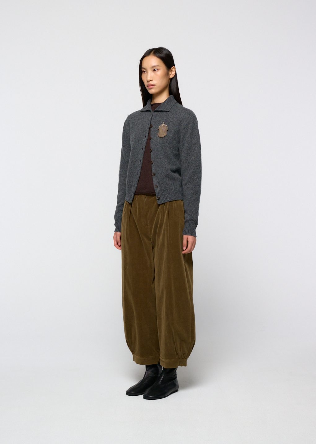 wool button up collar cardigan, charcoal