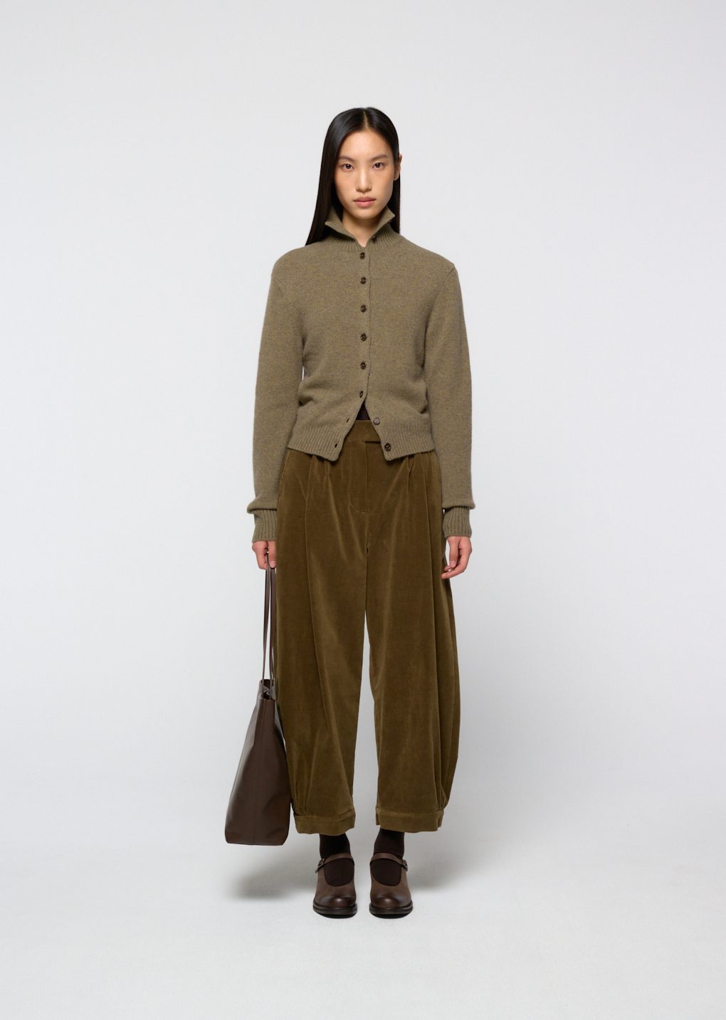 wool button up collar cardigan, khaki