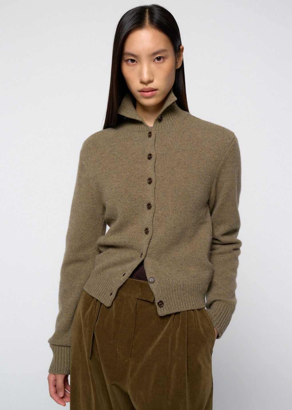 wool button up collar cardigan, khaki