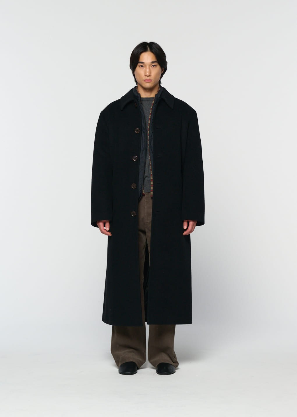men's single breasted long coat, black
