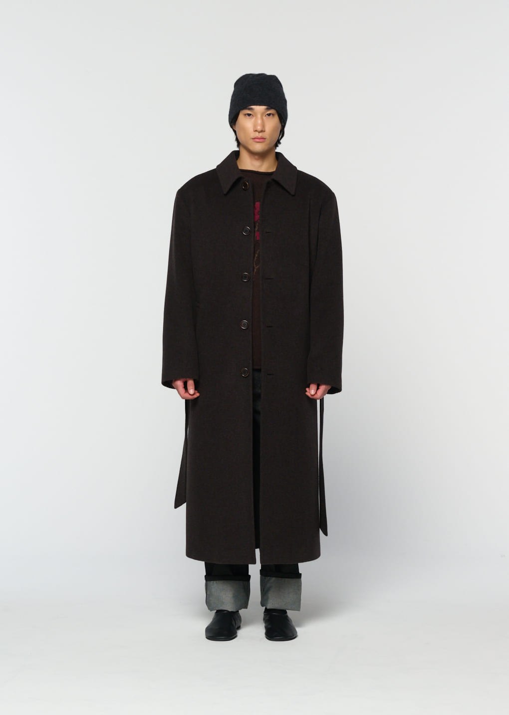 men's single breasted long coat, dark brown