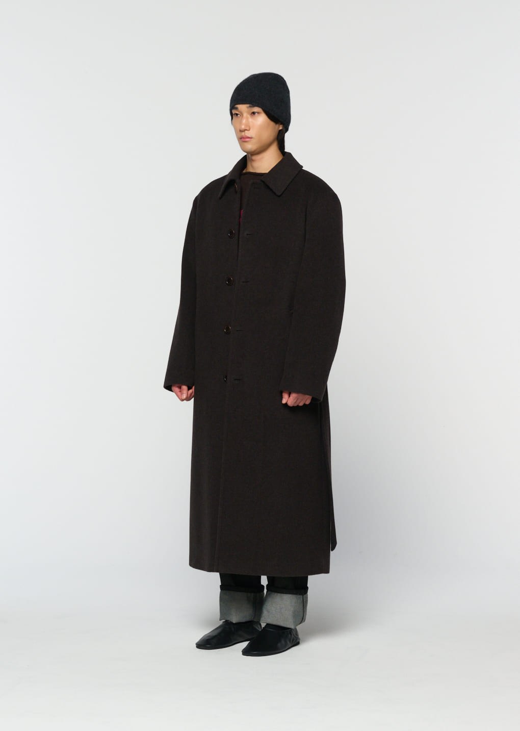 men's single breasted long coat, dark brown