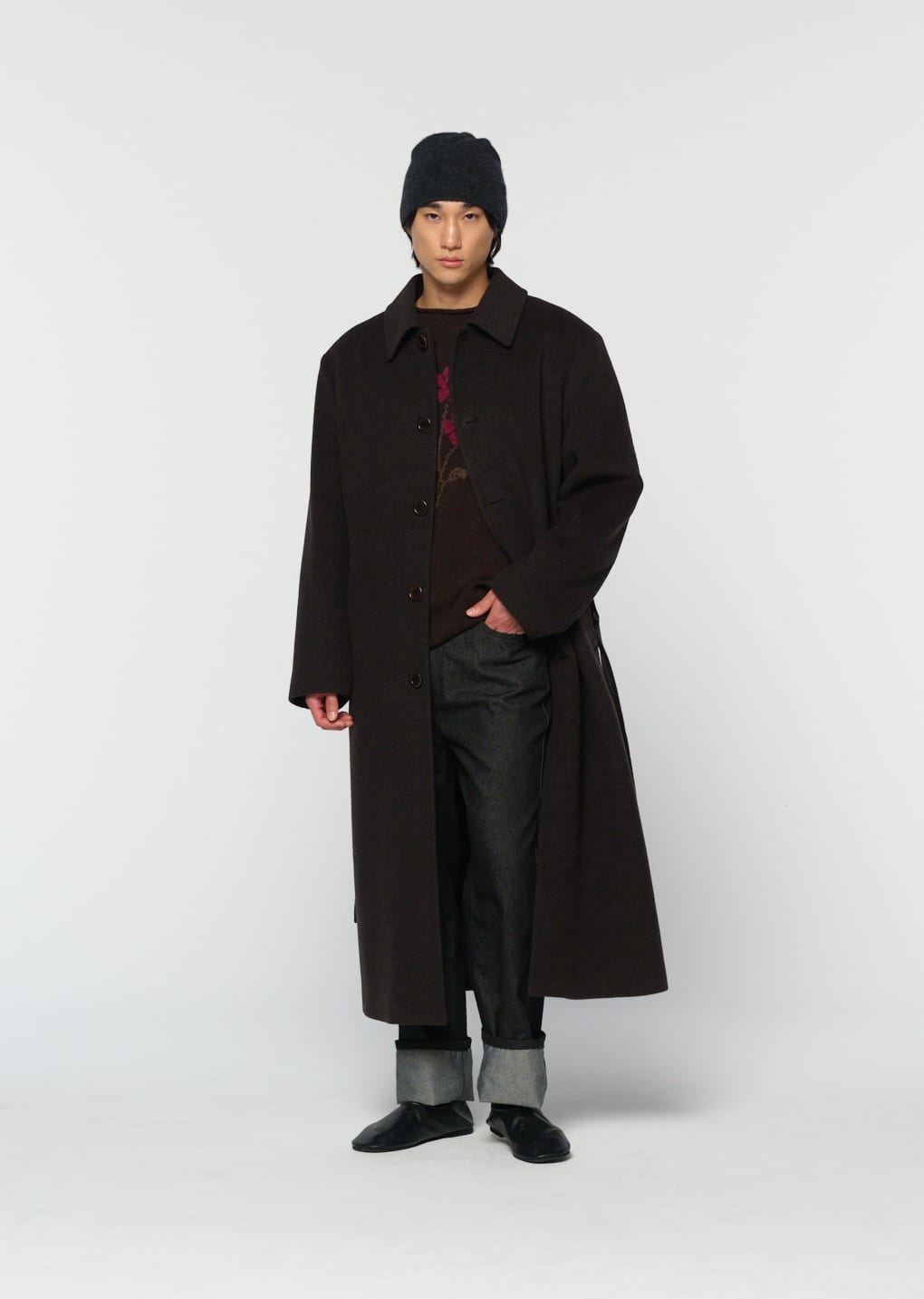 men's single breasted long coat, dark brown