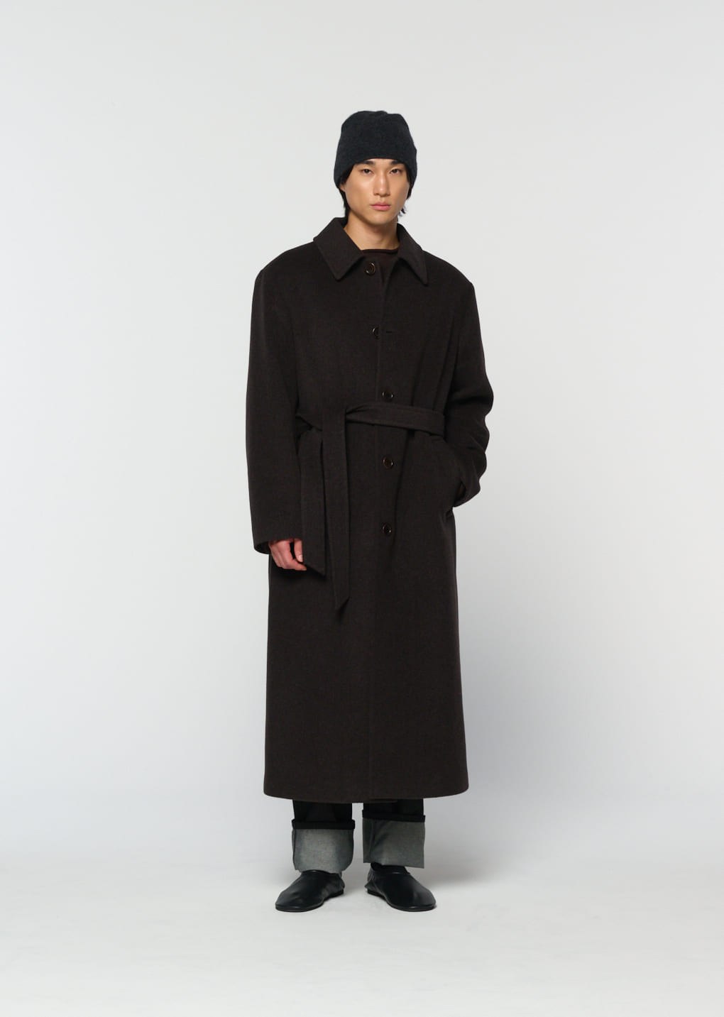 men's single breasted long coat, dark brown