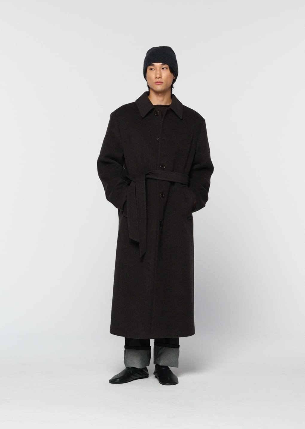 men's single breasted long coat, dark brown