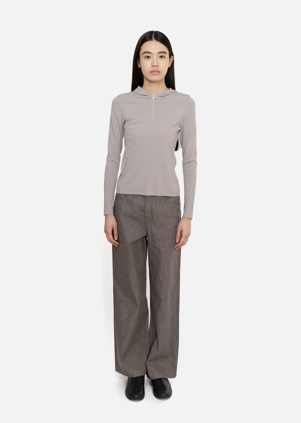 half zip-up knit hoodie, grey beige hover