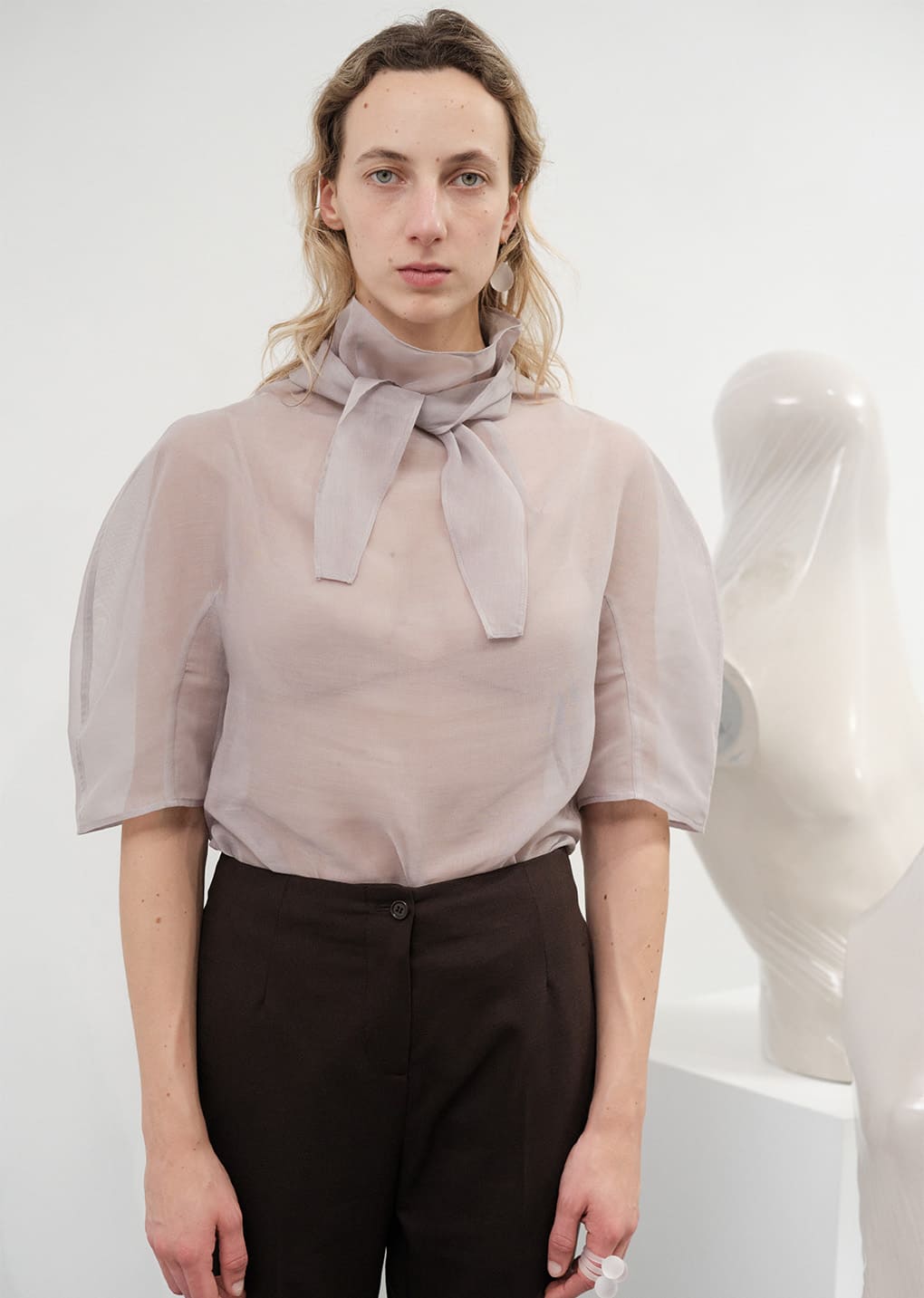 knotted collar top, grey