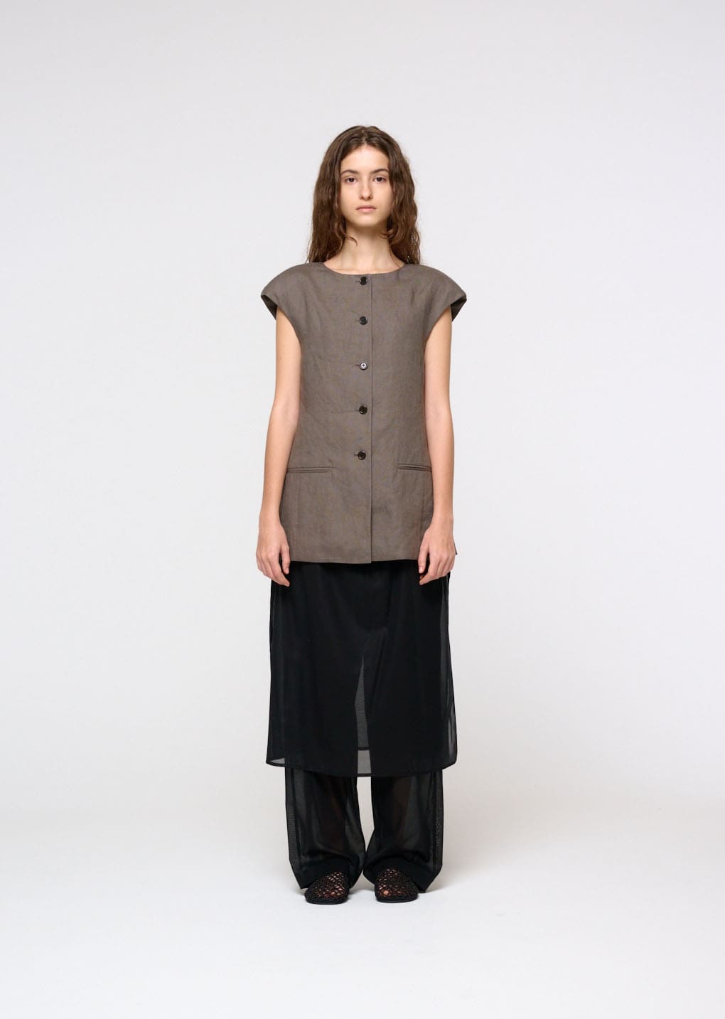 linen curved vest, khaki hover