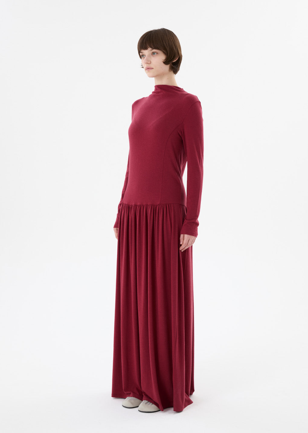 mock neck jersey dress, red