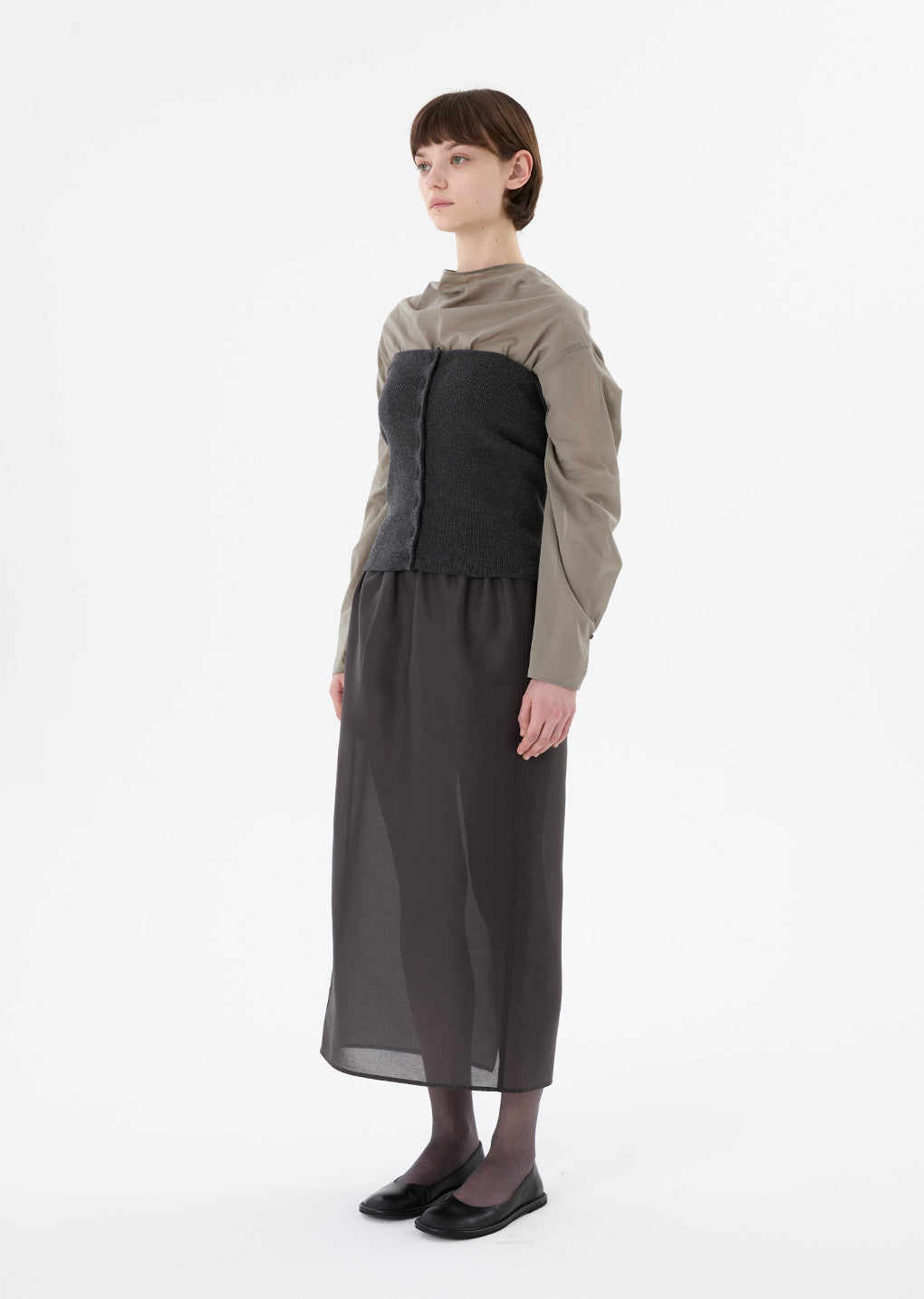 mock neck two way blouse, grey