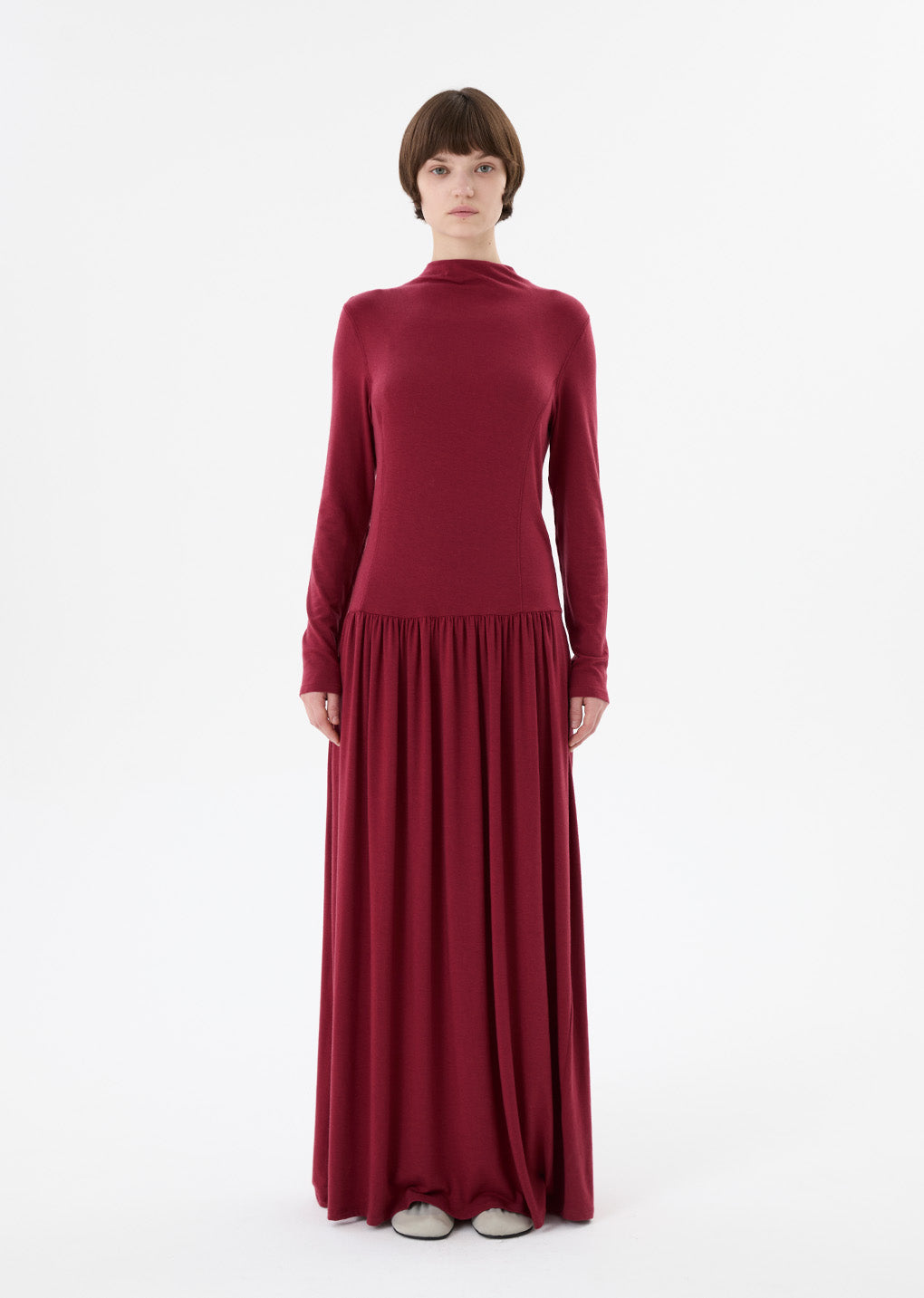 mock neck jersey dress, red hover