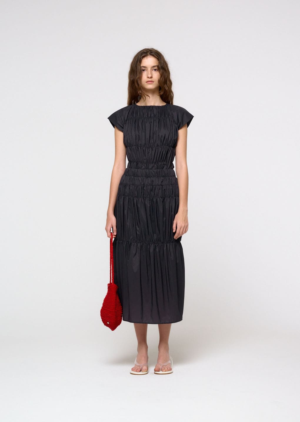 nylon shirring dress, charcoal hover