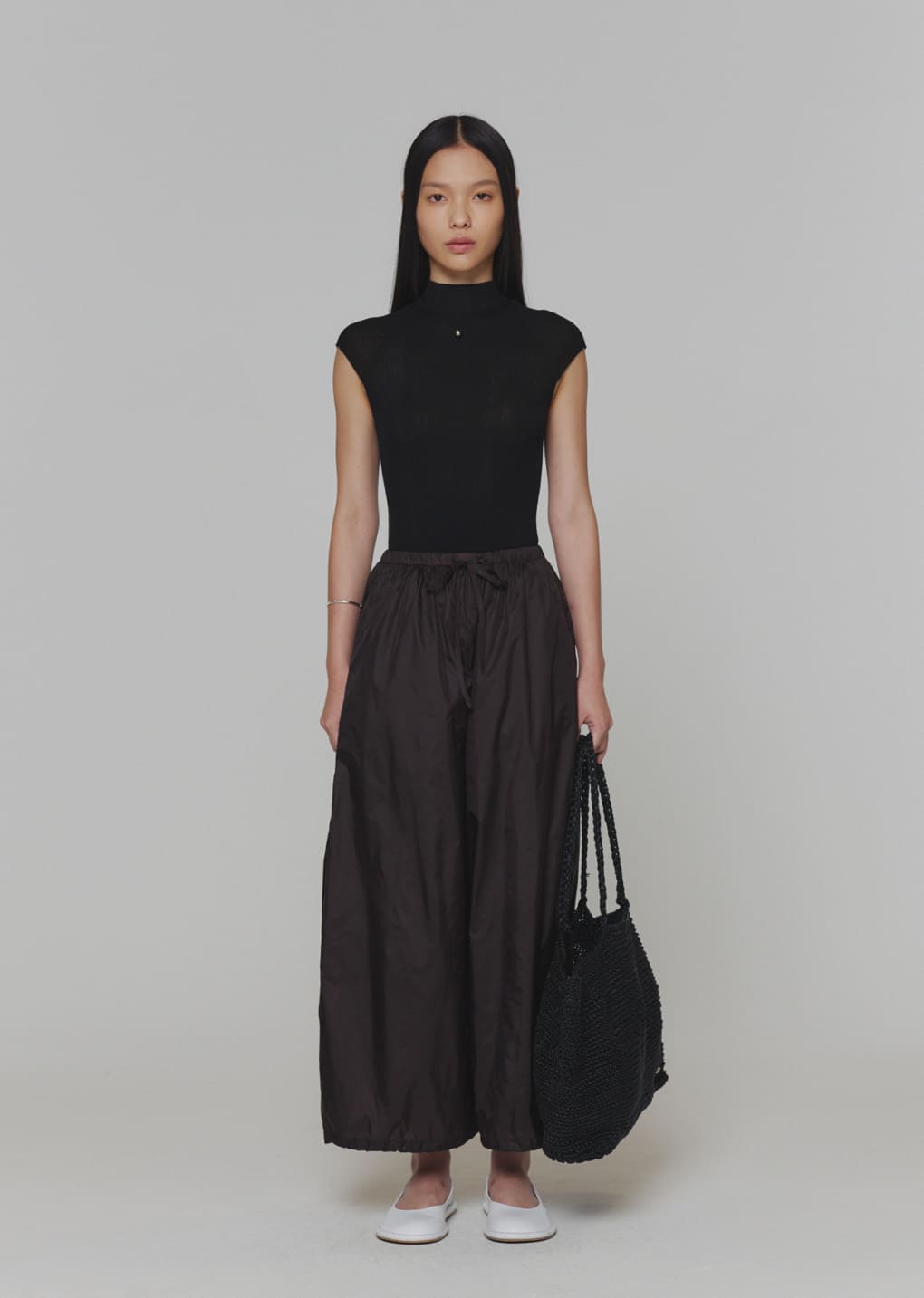nylon shirring pants, dark brown