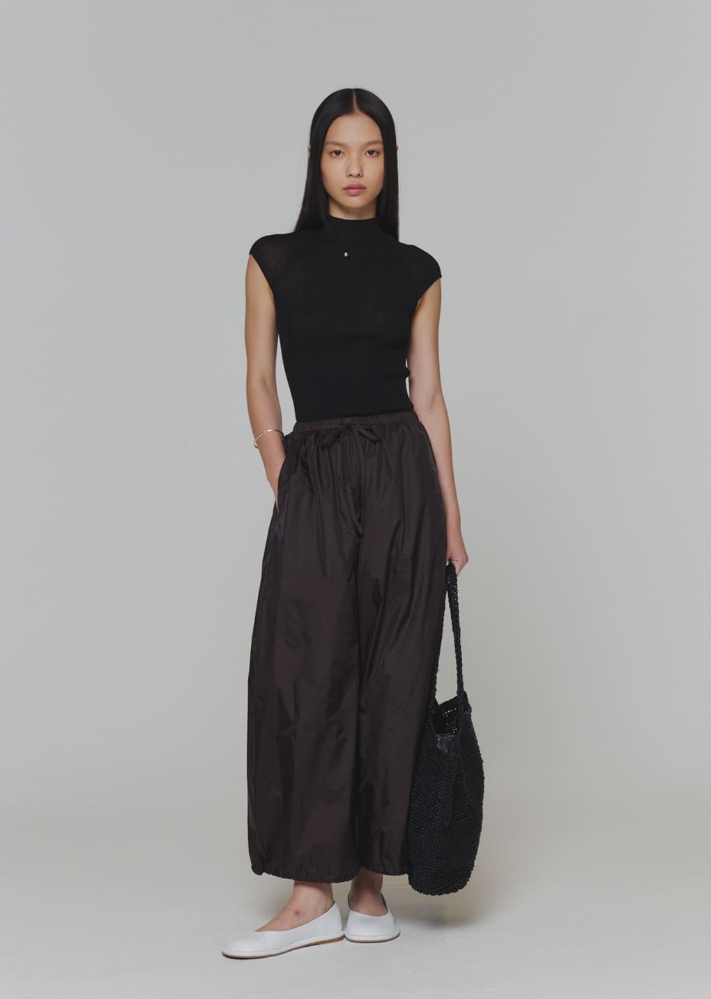 nylon shirring pants, dark brown