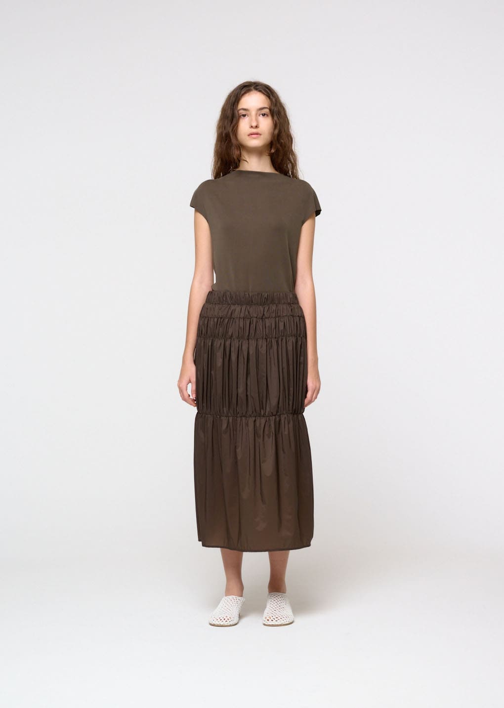 nylon shirring skirt, brown hover