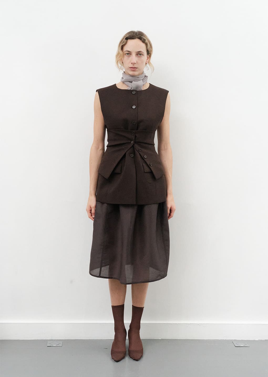 oversized button up vest, dark brown