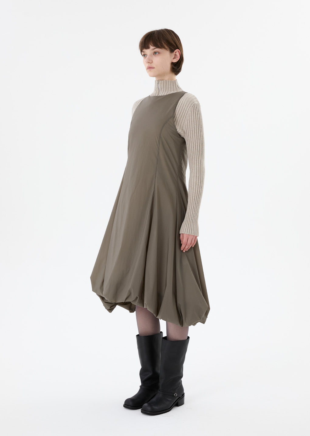 ribbed high neck zip up, beige