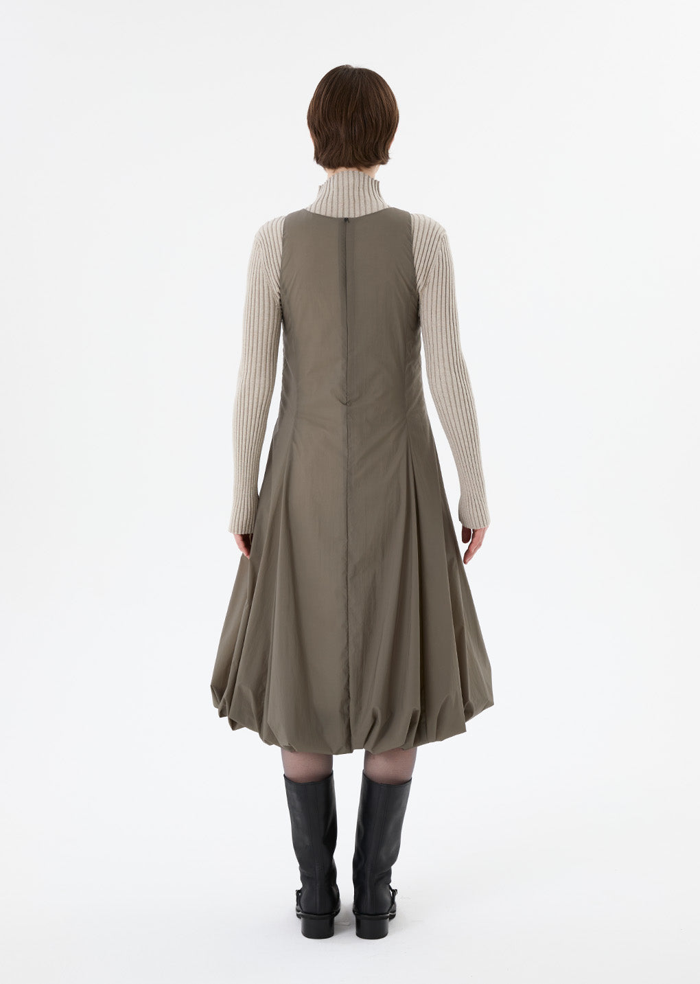 ribbed high neck zip up, beige