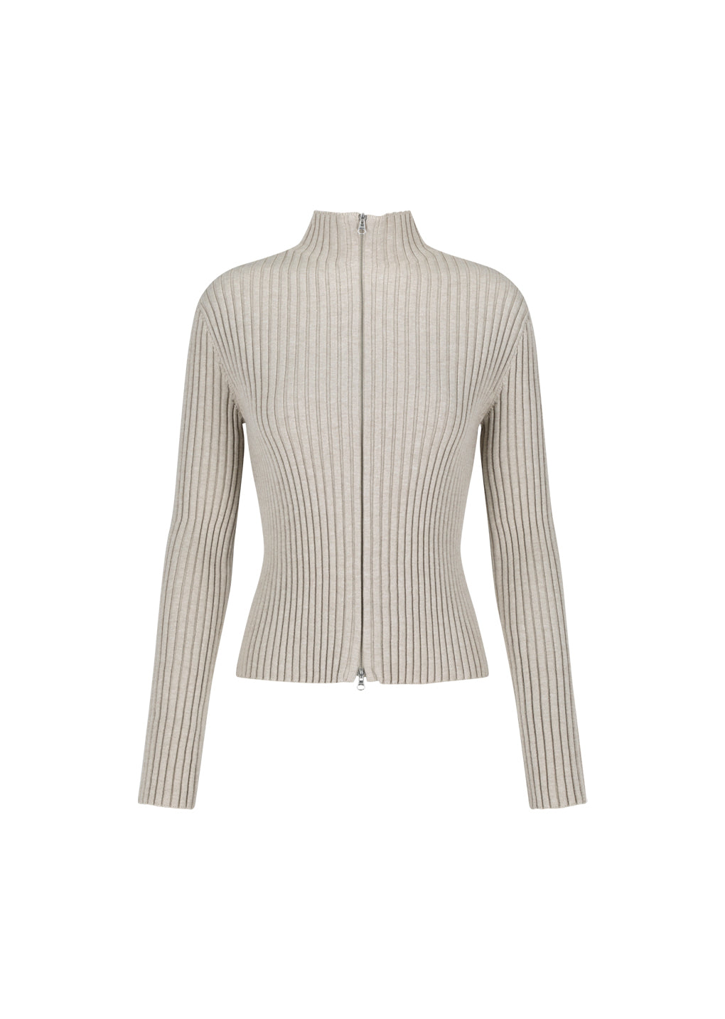 ribbed high neck zip up, beige
