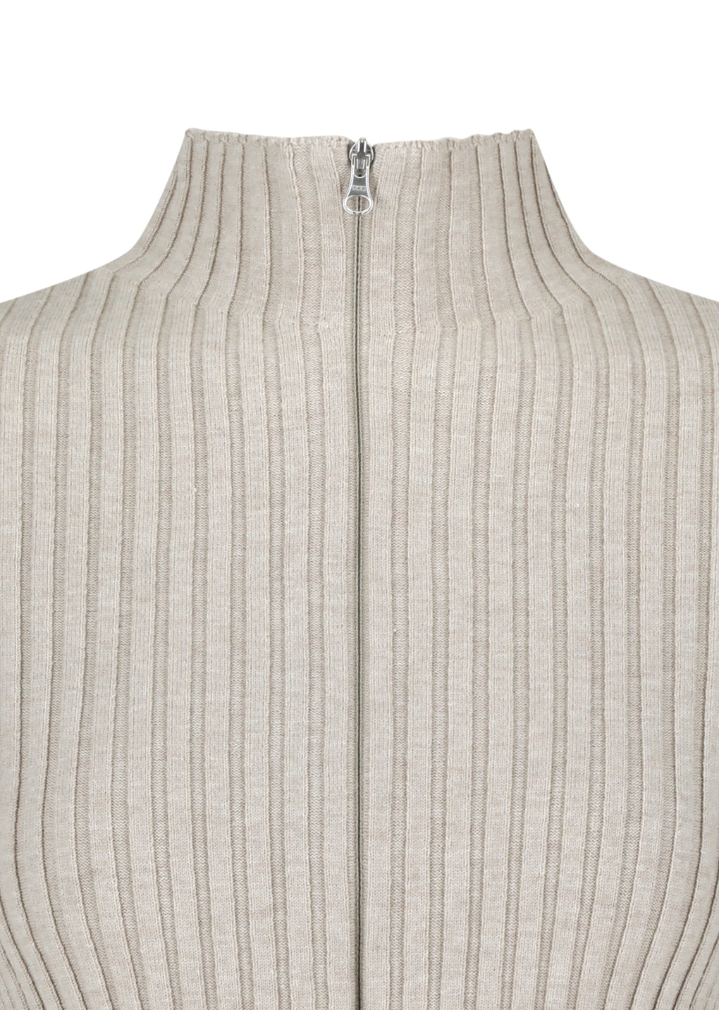 ribbed high neck zip up, beige