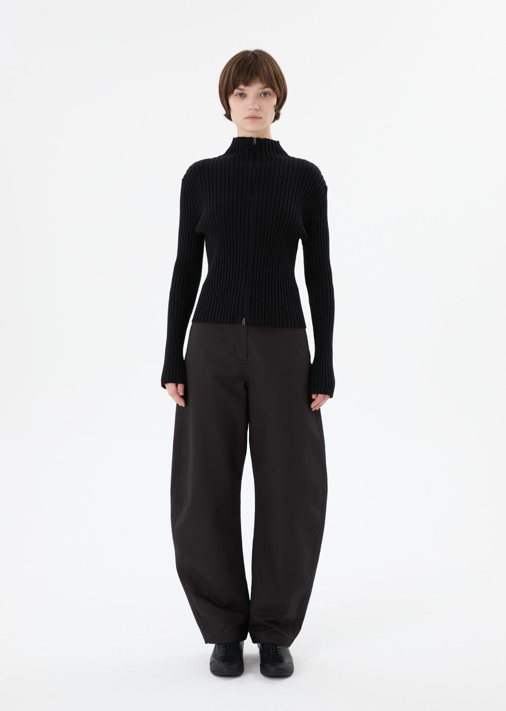 ribbed high neck zip up, black hover