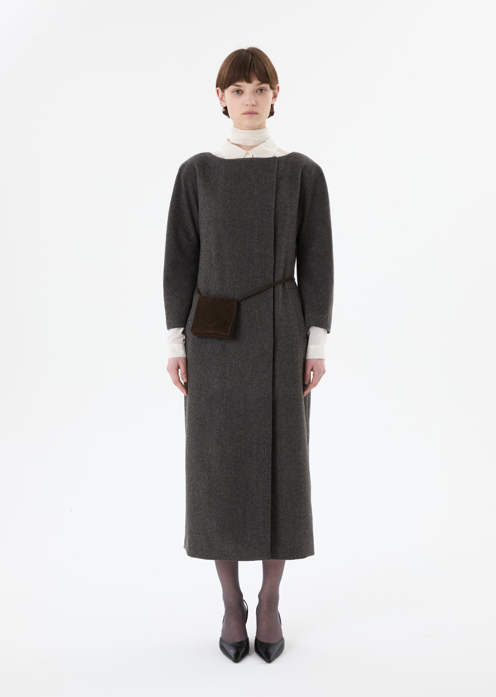 rounded shoulder long jacket, charcoal hover