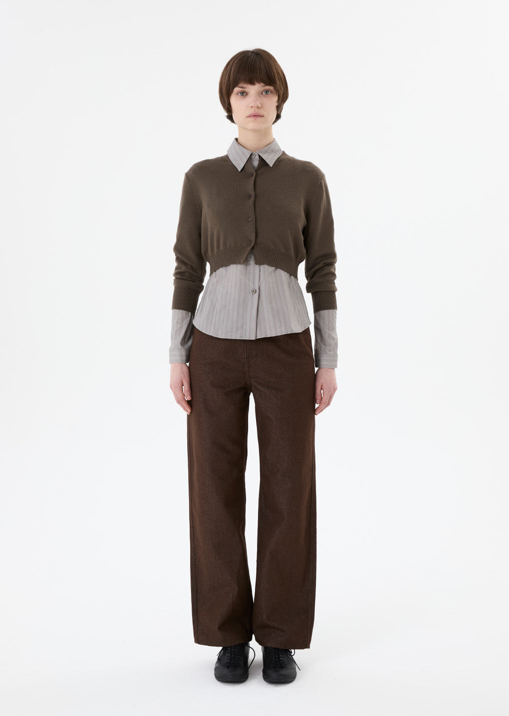 round neck crop cardigan, brown hover