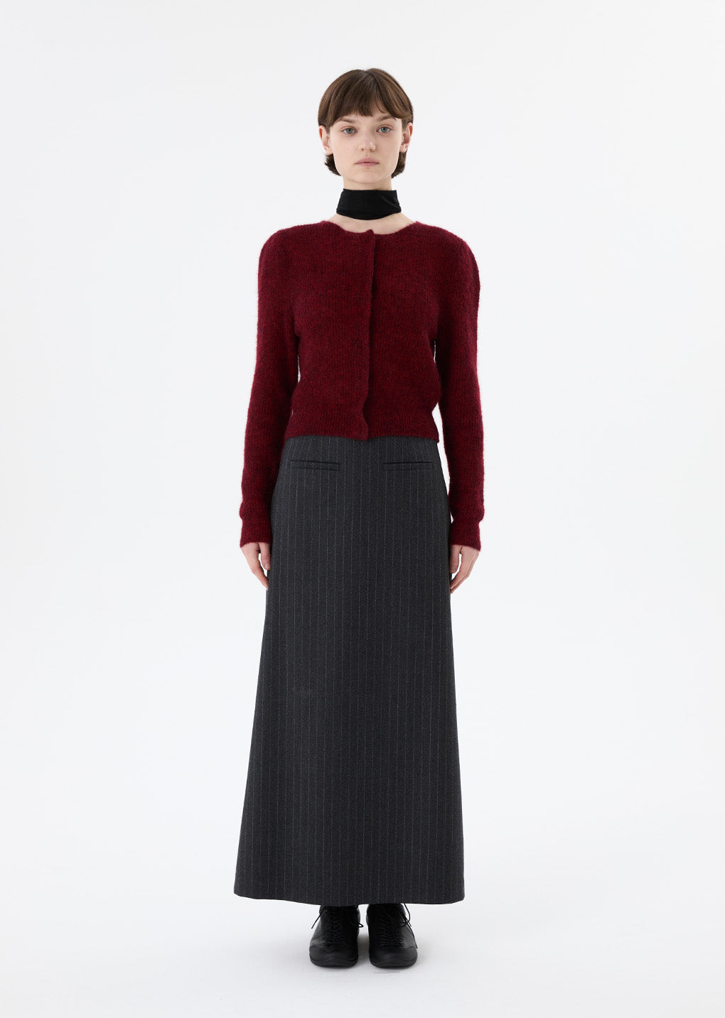 round neck sheer cardigan, red hover