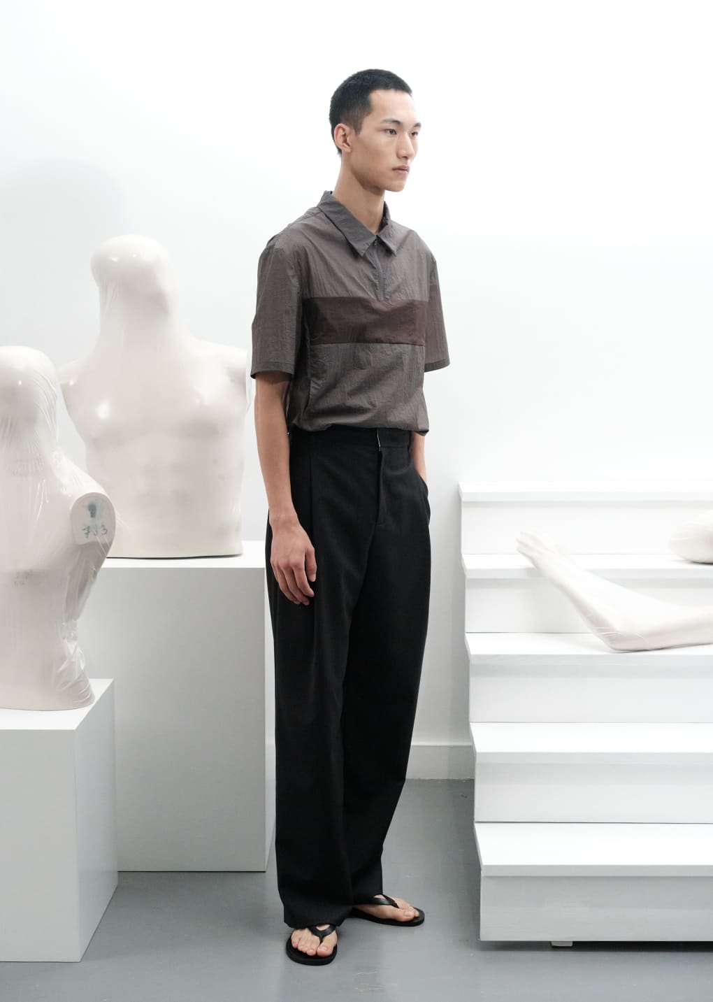 sheer color block top, dark grey