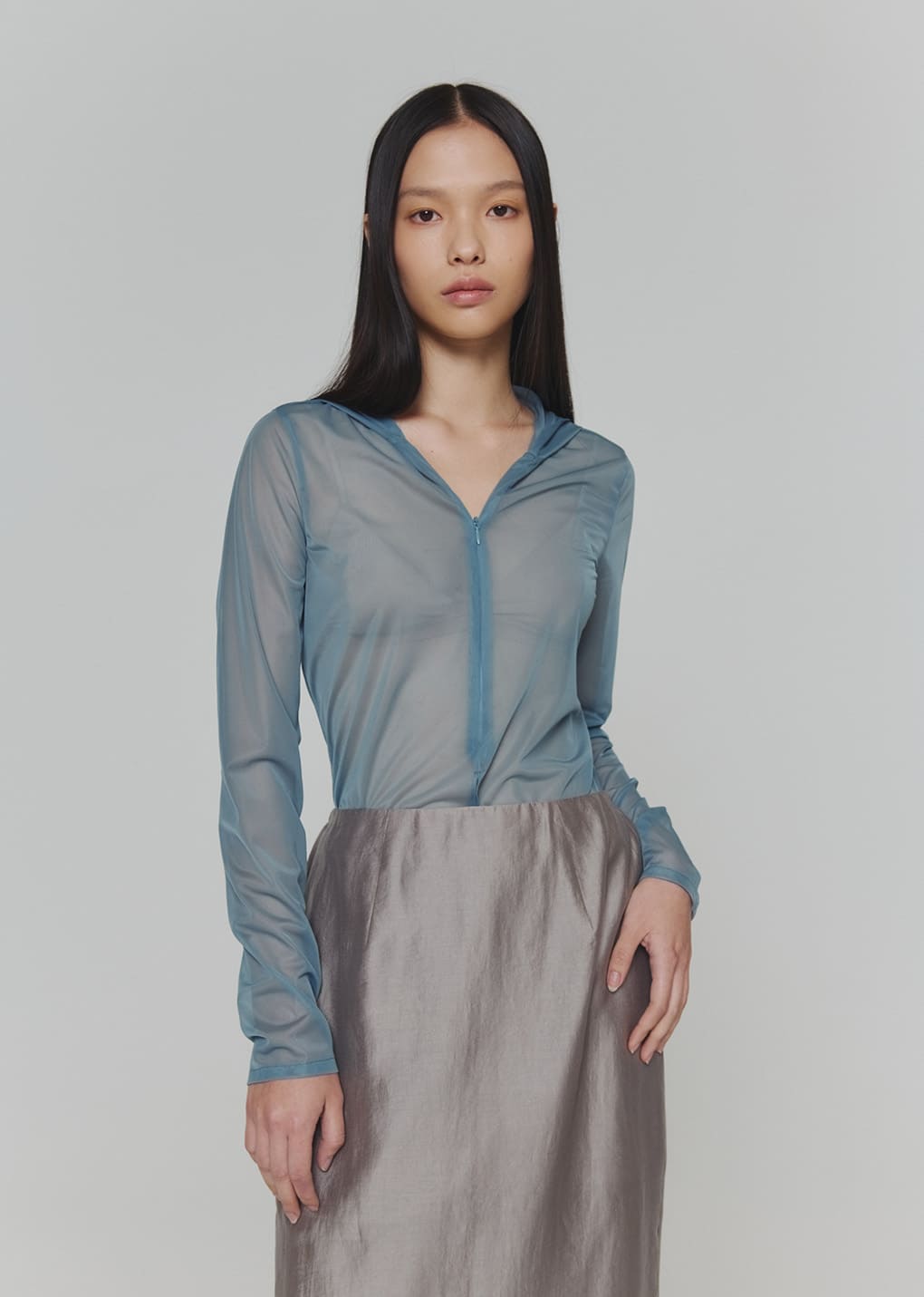 sheer hooded zip up jumper, mint