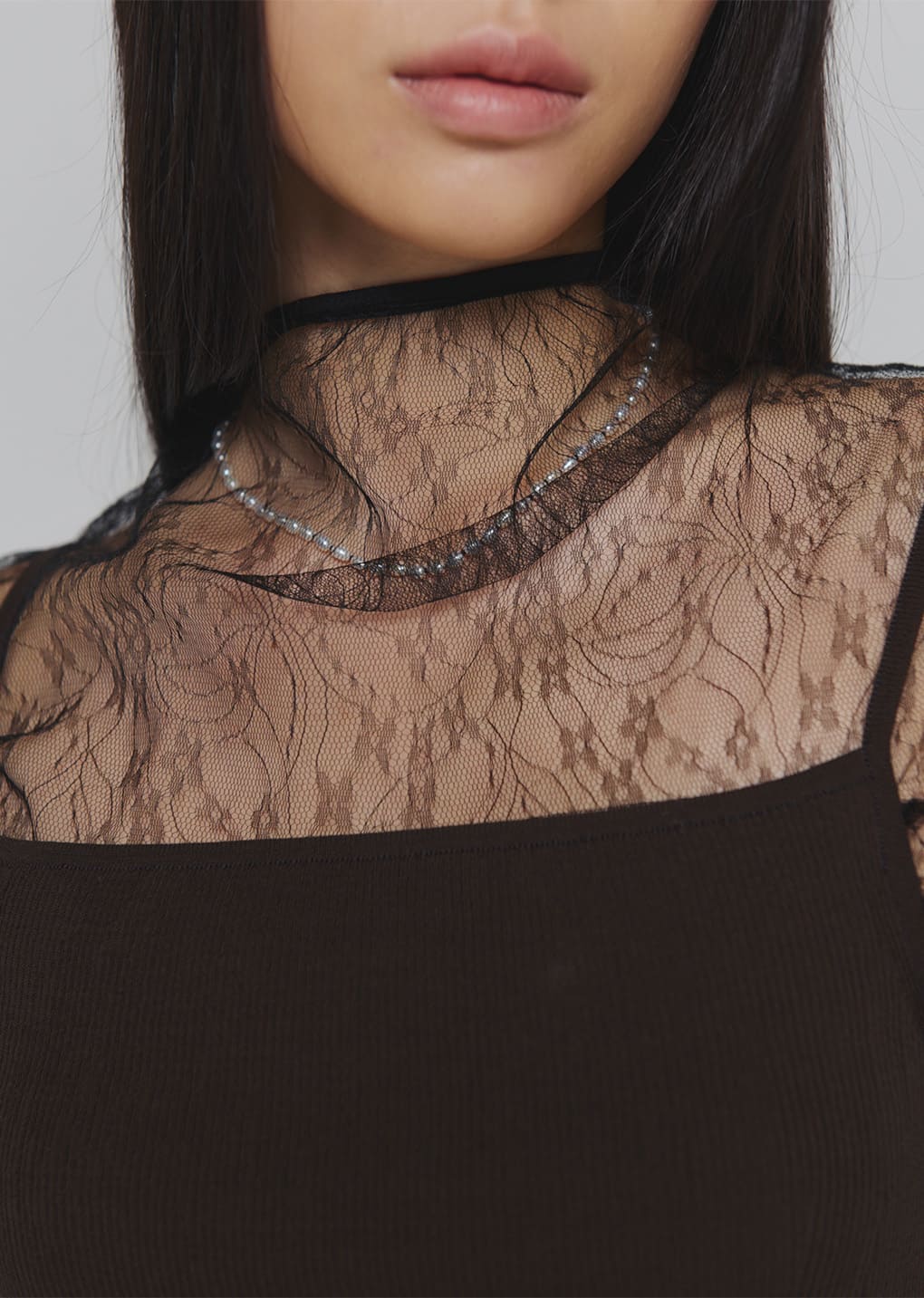 sheer lace mock neck top, black